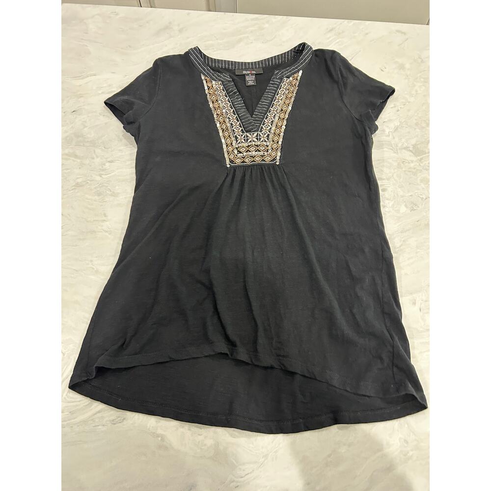 Style & CO Cotton Black Vneck Embelleshed T-Shirt Size Medium
